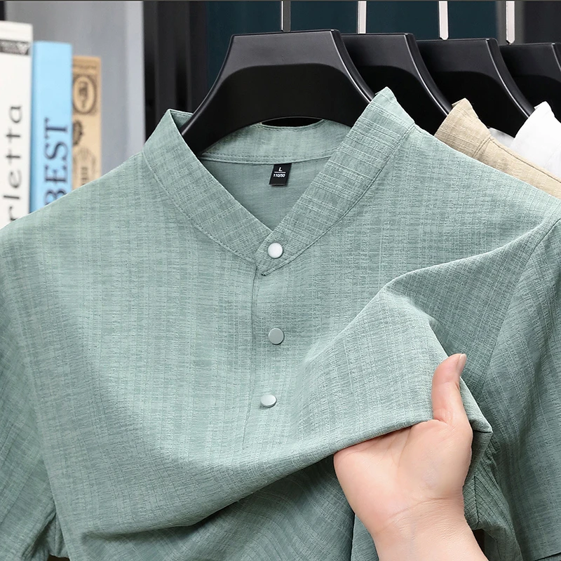 Textiles For Home - 여름 스탠드 칼라 하프 버튼 남성