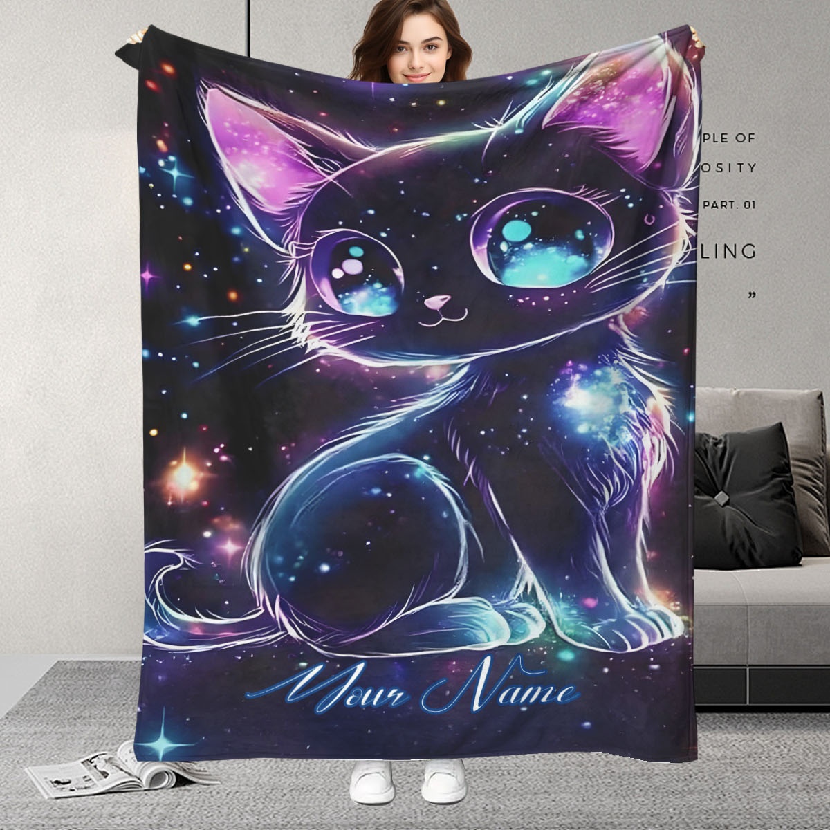 Galaxy Home Textiles - 맞춤형 이름 은하 고양이 패턴 담요,