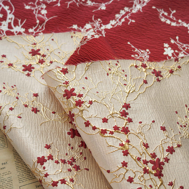 럭셔리 붉은 매화 꽃 자카드 패브릭 황금 꽃 양각 여성 - Luxury Home Textiles Usa 리뷰 및 가격