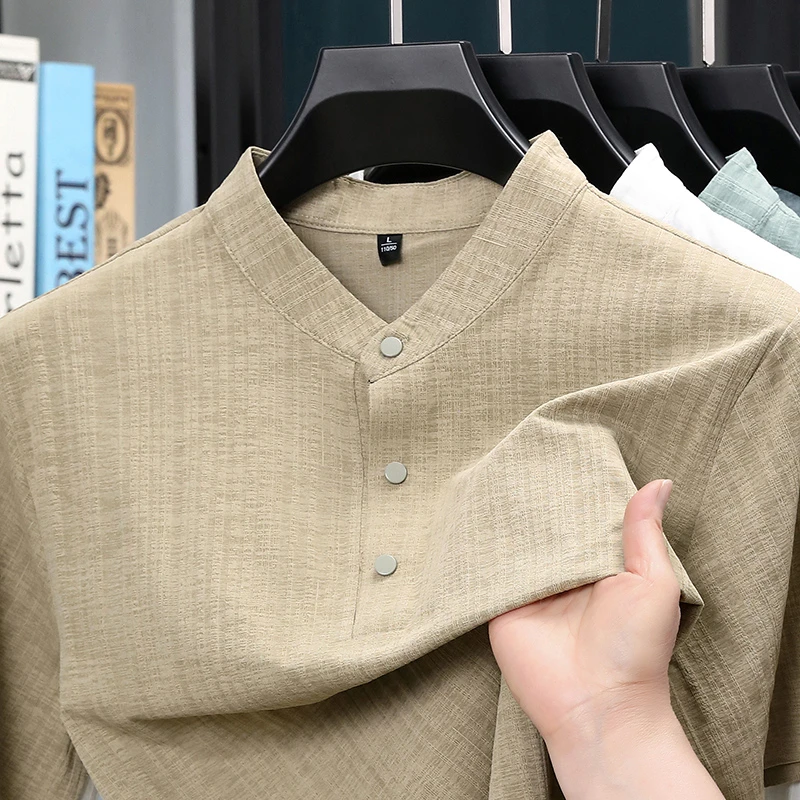 여름 스탠드 칼라 하프 버튼 남성 셔츠 가벼운 텍스타일 - Textiles For Home 리뷰 및 가격