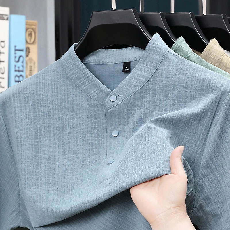 여름 스탠드 칼라 하프 버튼 남성 셔츠 가벼운 텍스타일 - Textiles For Home 리뷰 및 가격