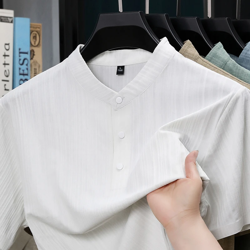 여름 스탠드 칼라 하프 버튼 남성 셔츠 가벼운 텍스타일 - Textiles For Home 리뷰 및 가격