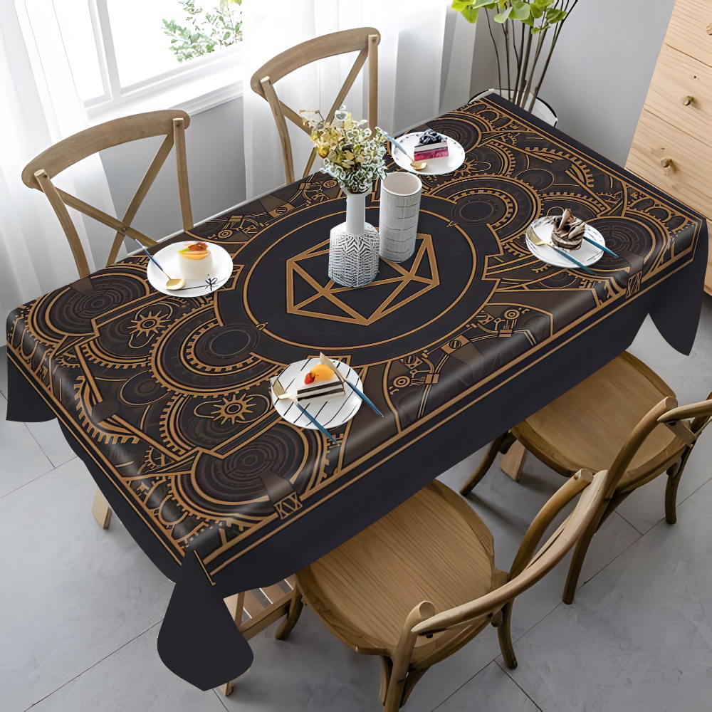 스팀펑크 블랙 골든 기어 패턴 테이블보 - 식당, 파티 - Textiles For Home 리뷰 및 가격